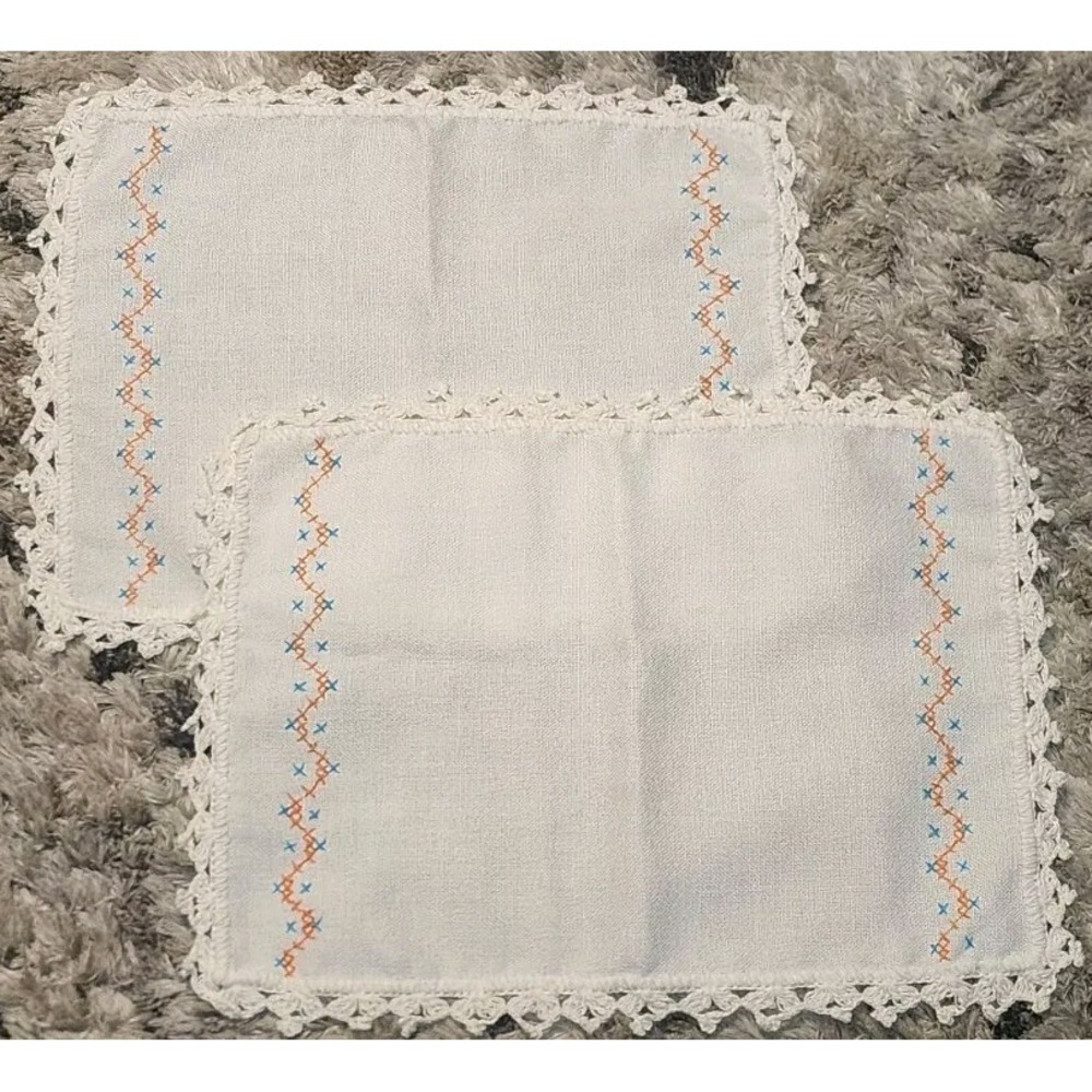 2 Vintage Napkins Hand Stitched Appliqued Embroidered White Blue Orange Cotton